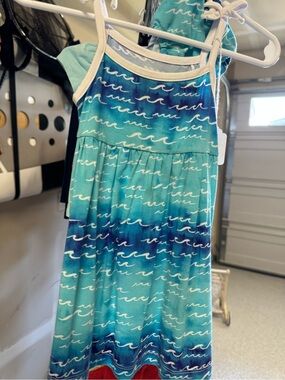 Girls' Teal Wave-Print Summer Dress